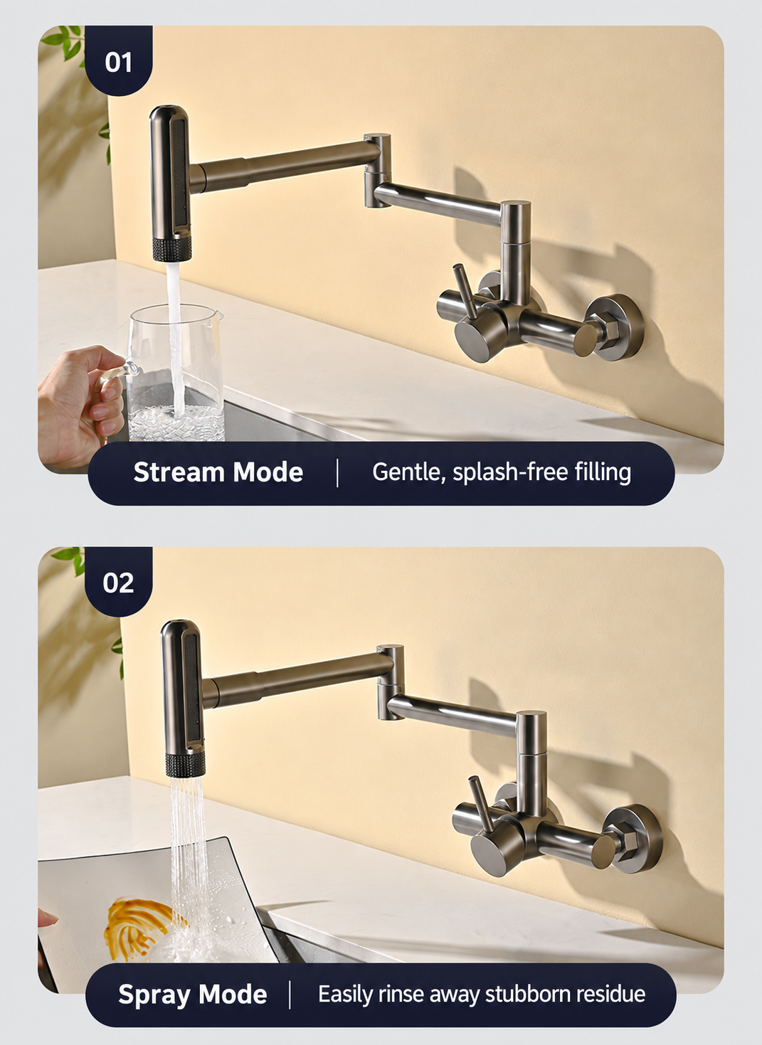 Solid Brass Wall-Mounted Folding Kitchen Sink Faucet – Swivel Hot & Cold Mixer - 图片 3
