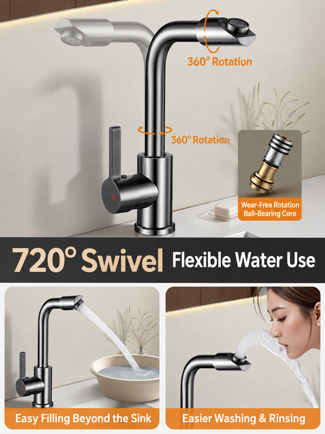 360° Swivel Bathroom Basin Faucet – Hot & Cold Water Mixer - 图片 2