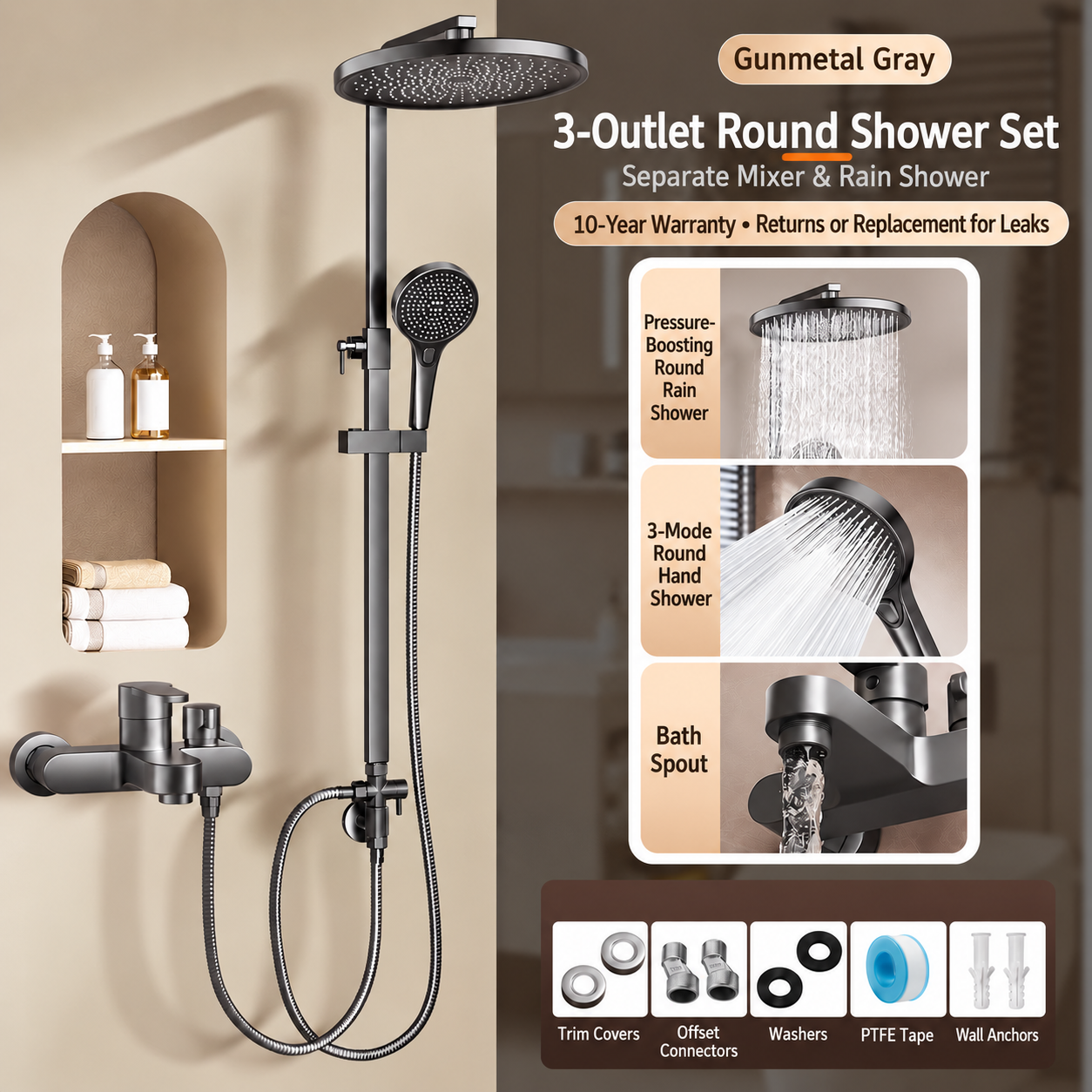 Split-Type Bathroom Shower System with Overhead Rain Shower & Hand Shower - 图片 3