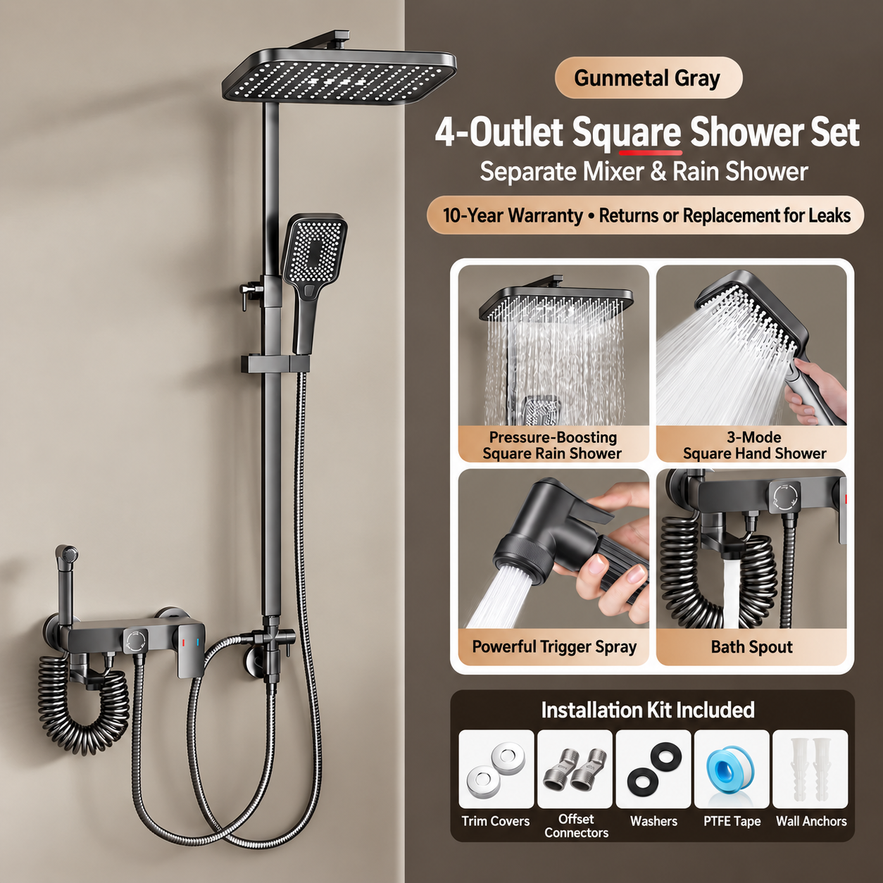 Split-Type Bathroom Shower System with Overhead Rain Shower & Hand Shower - 图片 4