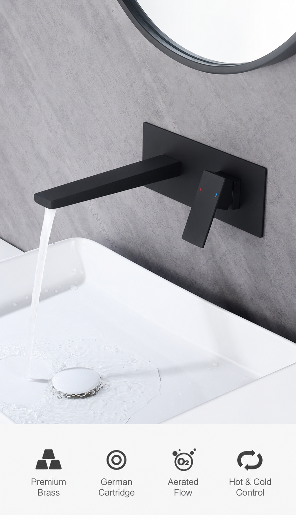 Solid Brass Wall-Mounted Bathroom Basin Faucet – Concealed Hot & Cold Mixer - 图片 2