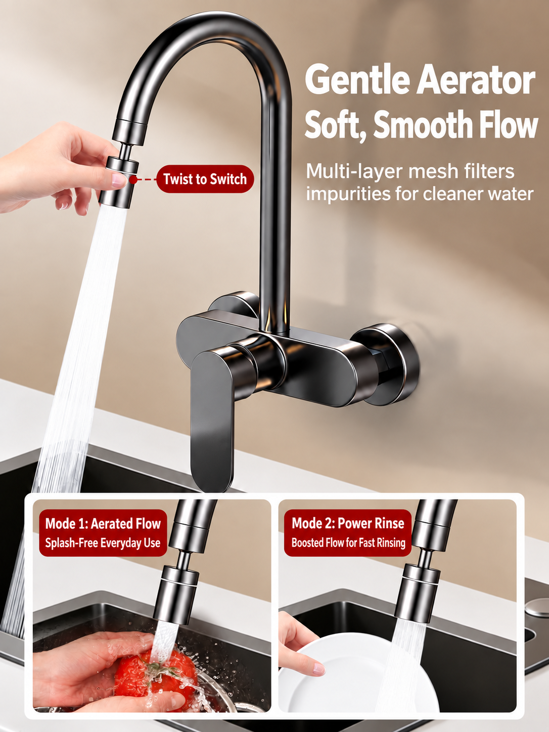Solid Brass Wall-Mounted Kitchen Faucet – 2-Hole Hot & Cold Mixer - 图片 2