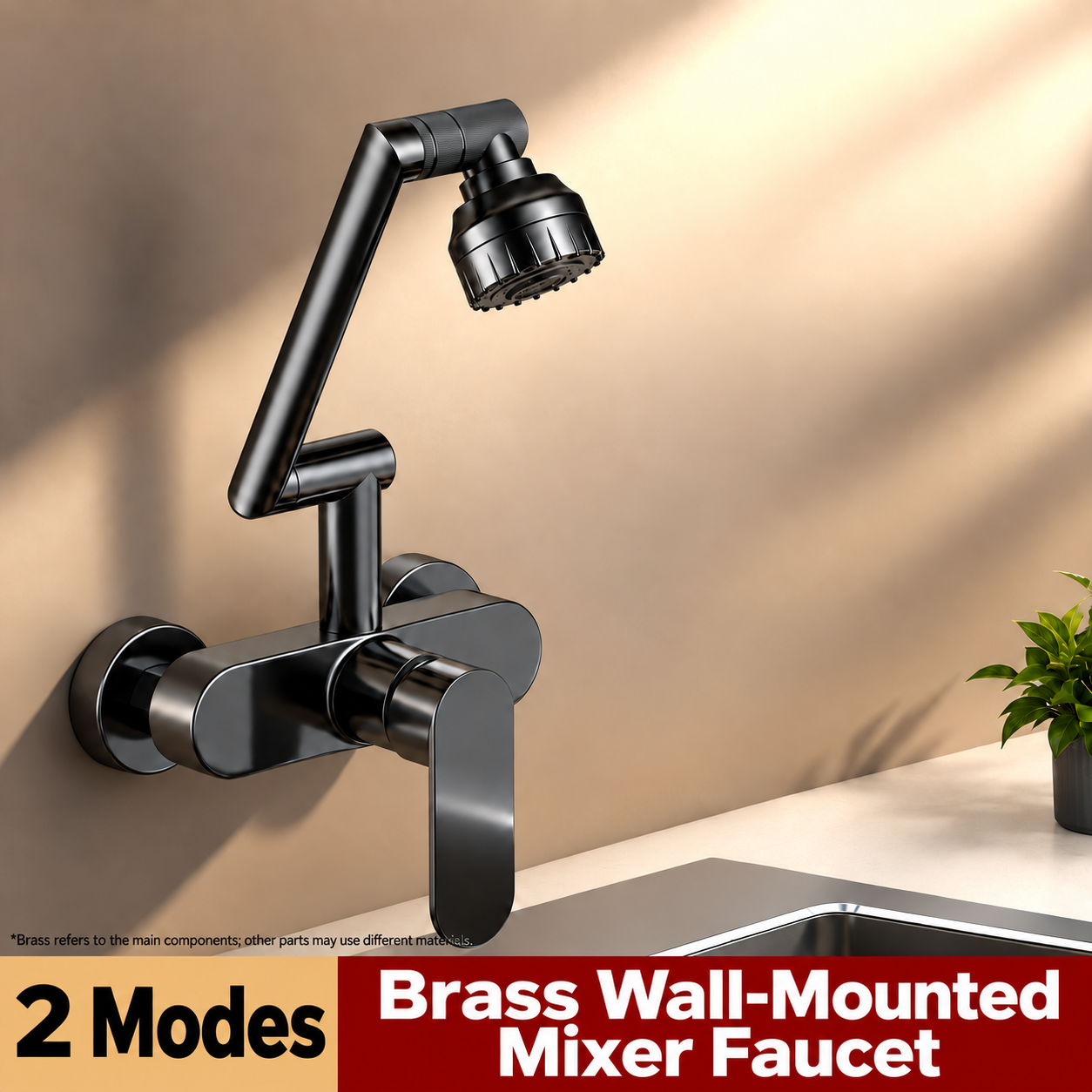 Solid Brass Wall-Mounted Kitchen Faucet – 2-Hole Hot & Cold Mixer - 图片 3