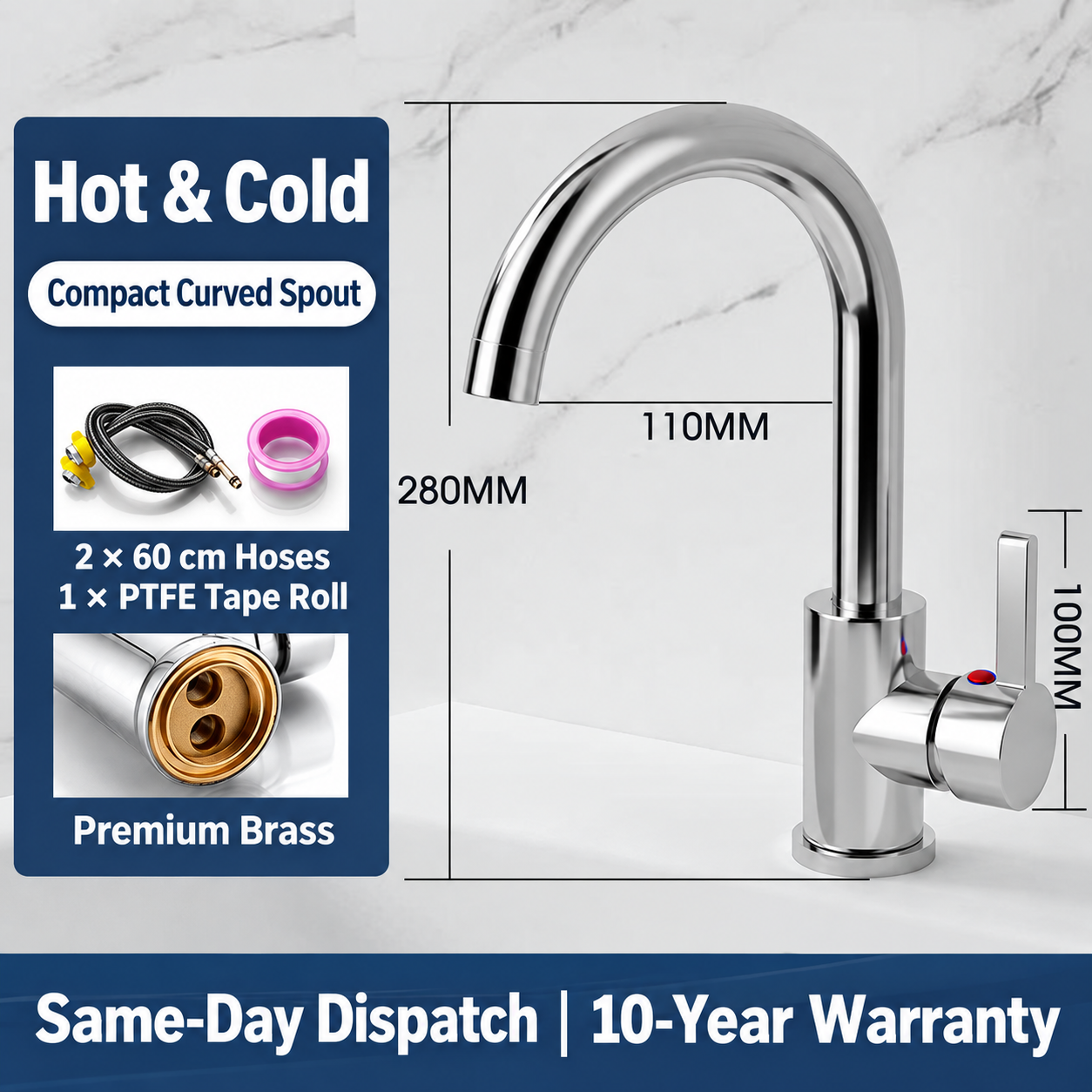 Solid Brass Single-Hole Basin Mixer with 360° Swivel Spout - 图片 2